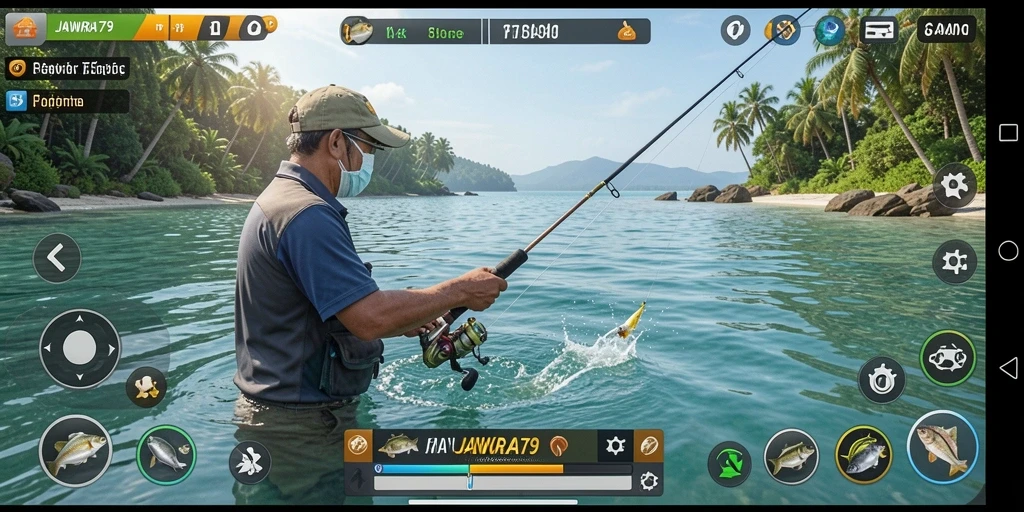 Screenshot gameplay JAWARA79 menampilkan aktivitas memancing yang seru.