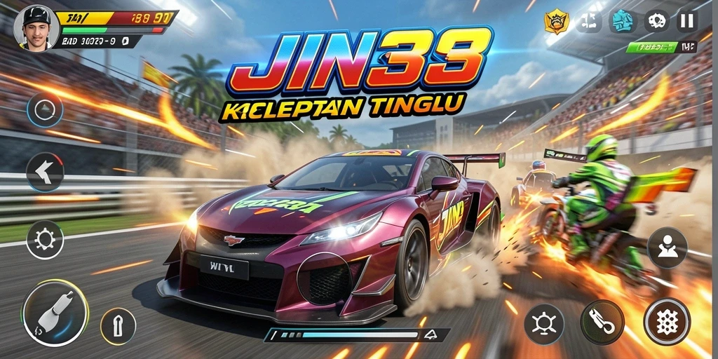 Screenshot utama JIN33 menampilkan aksi balap seru di jalanan kota.