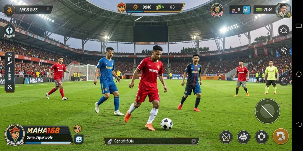 Tampilan gameplay MAHA168 dengan aksi sepak bola yang menegangkan.